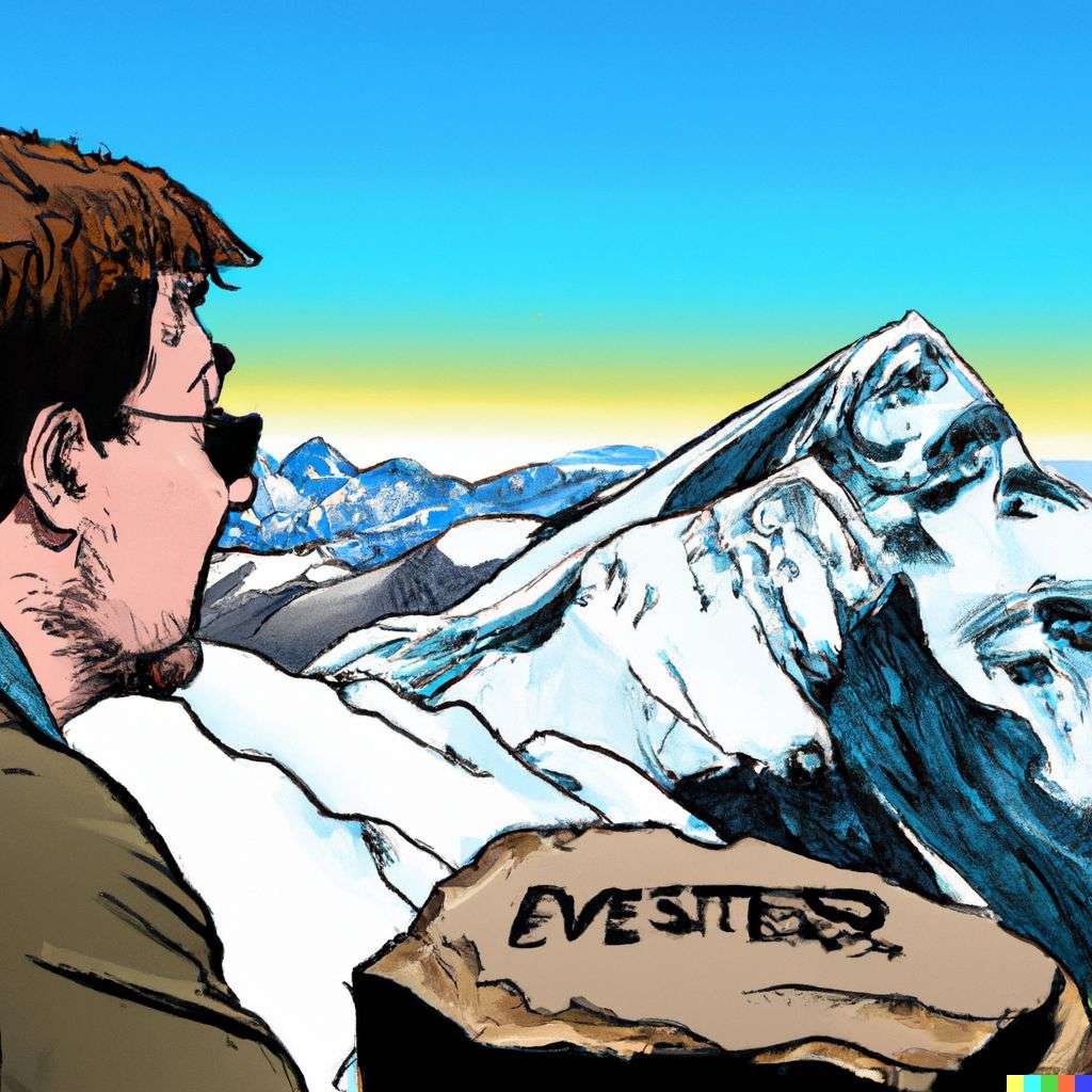 someone gazing at Mount Everest, comic book illustration, realism style